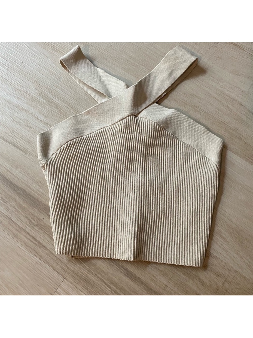 Aritzia Cream Ribbed Cross-Strap Crop Top